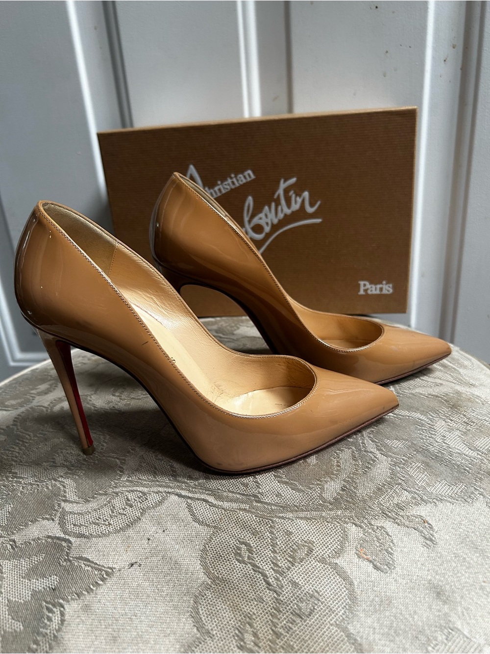 Christian Louboutin Pigalle Follies Nude Patent Leather Pointed Toe Pumps